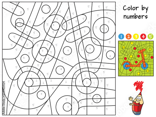 Kick scooter. Color by numbers. Coloring book. Educational puzzle game for children. Cartoon vector illustration