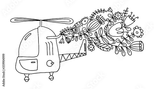 Eco helicopter. Vector illustration of a black line on a white background. Flat vector eco helicopter with exhaust from plants and flowers. Modern ecology concept for prints and various design. Eps 8.