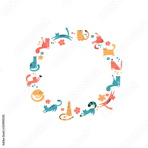 Round frame of drawn cats for printing, textiles, t-shirts, posters. Cute fluffy animals. Frame design on a white background. Vector pets of different colors play, sit, walk, sleep