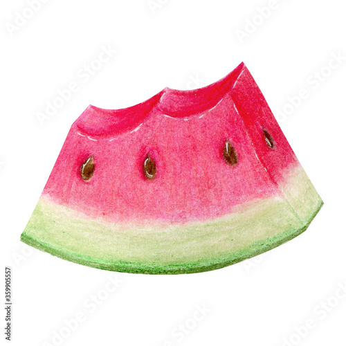 Watermelon with bites mark isolated on white background. Watercolor hand drawn illustration in realistic style. Concept of fresh summer fruits, refreshment, sweet juicy, berry, Citrullus lanatus.