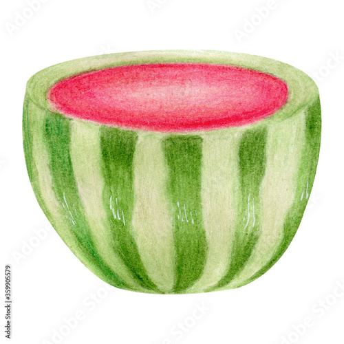 Half of watermelon ithout seeds isolated on white background. Watercolor hand drawn illustration in realistic style. Hello summer cocktail, concept of relax, vacation, fresh ripe fruit, red and green.