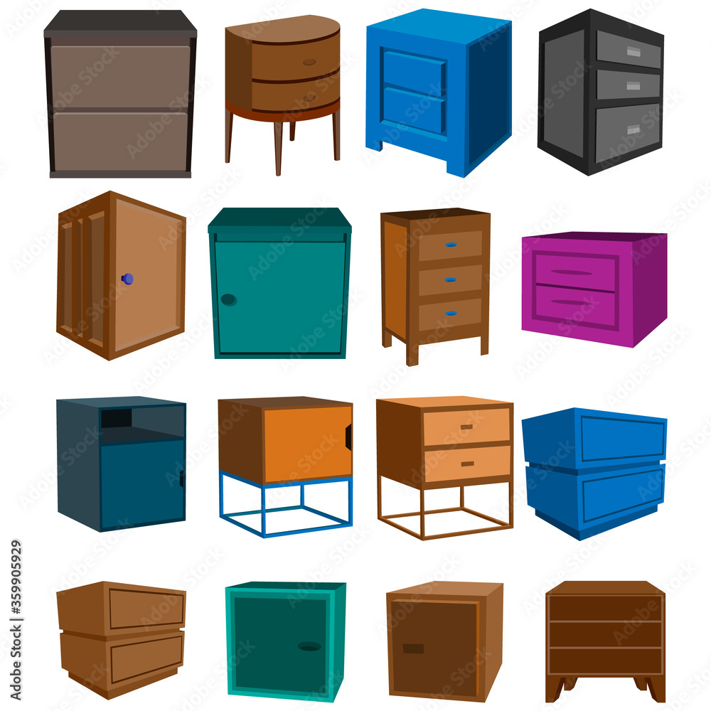 A large designer's set of sixteen furniture elements in a design of different shapes and from different sides. Bedside table.