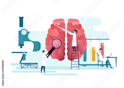 Neurology vector illustration. Flat tiny nerve study doctor persons concept. Anatomical knowledge science of brain and senses diseases. Examine internal health and diagnosis controlled pills treatment