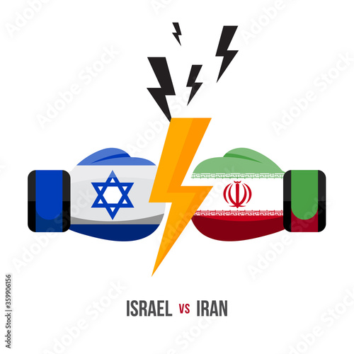 Israel vs Iran. Concept of sports match, trade war, fight or war on border between israel and iran. Vector illustration.