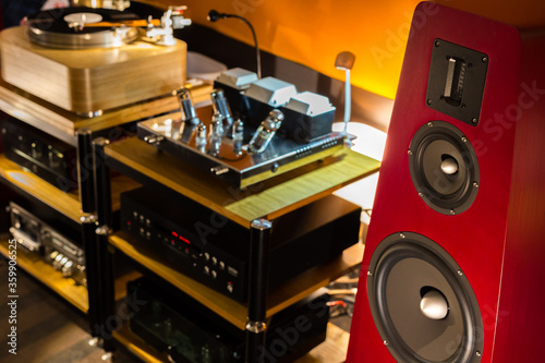Red floor standing loudspeakers next to the audio rack with Vacuum amplifier photo