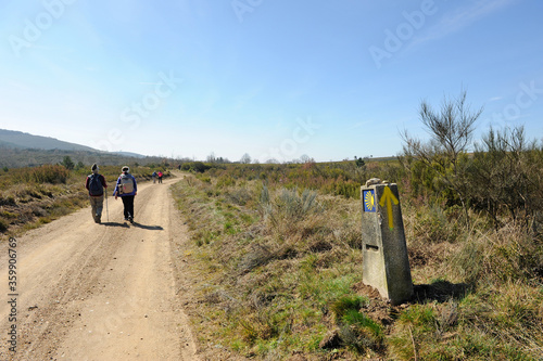 Peregrinos en el Camino de Santiago, Camino Sanabres desde Campobecerros a Laza, provincia de Orense, España photo