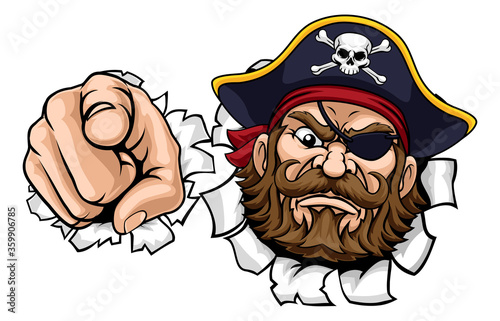 A pirate cartoon character captain mascot face with skull and crossed bones on his tricorne hat. Breaking or tearing through the background and pointing at the viewer