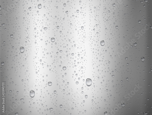 Water rain drop surface isolated on silver foil background. Realistic pure droplets texture. Vector metal gradient template with clear bubbles or dew