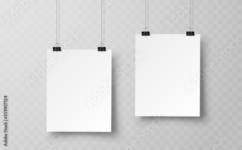 Blank paper sheets hanging on binder clip isolated on transparent background. Vector white posters with shadow A4 format mockup