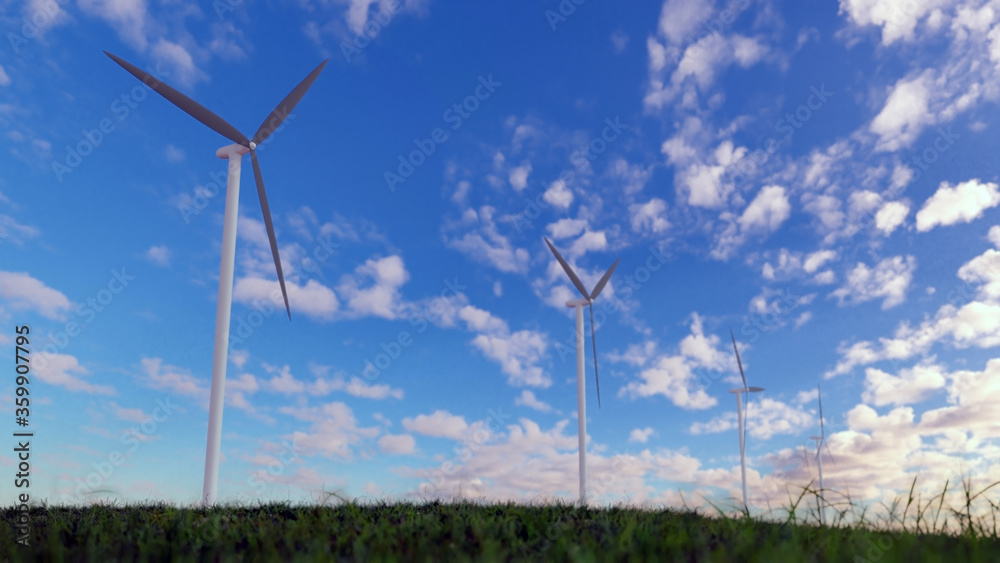 Power generation by wind turbines 3d render. Wind turbines on sea. Offshore windmill park. 3d rendering illustration