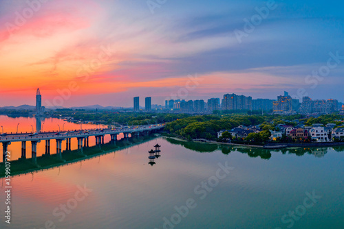 Dusk scenery of Li Lake bridge, Wuxi City, Jiangsu Province, China © Weiming