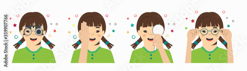 Girl vision checkup in ophthalmological clinic. Optometrist checking kid eyesight with spectacles medical equipment. Set. Glasses lens selection. Flat cartoon character illustration