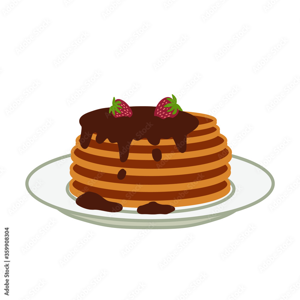 Recipe. A stack of pancakes with chocolate and strawberries. Simple vector illustration isolated on white background.