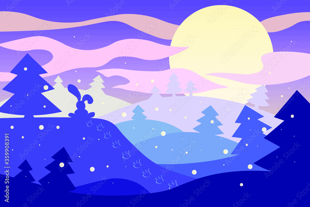 Naklejka premium winter Christmas landscape with moon, snow with Christmas trees and a hare