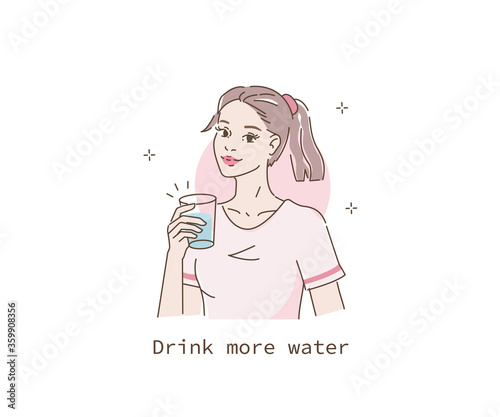 Beauty Girl Take Care of her Health and Drink More Water. Adorable Woman Drinking Water from Glass. Stay Hydrated and Healthy Lifestyle Concept. Flat Vector Illustration and Icons set.
