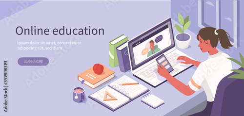 
Student Learning Online at Home. Character Sitting at Desk, Looking at Laptop and Studying with  Smartphone, Books and Exercise Books. Online Education Concept. Flat Isometric Vector Illustration.