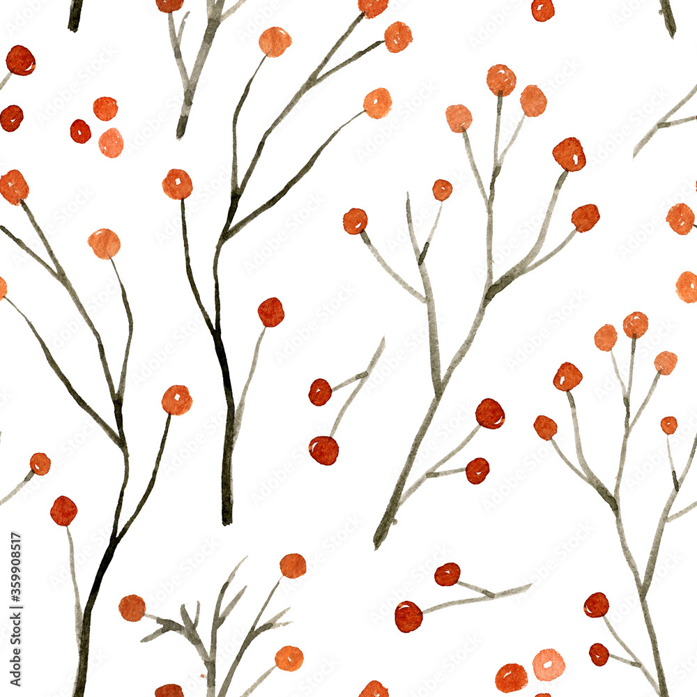 Watercolor pattern of tree branches with red berries. Hand-drawn christmas illustration isolated on the white background.