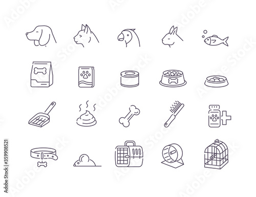 Pet Shop Icons. Dog  Cat  Birds and other Domestic Animals Signs. Different Sorts of Animal Food  Toys  Cages and Other Items for Pet Care. Flat Line Vector Illustration and Icons set.