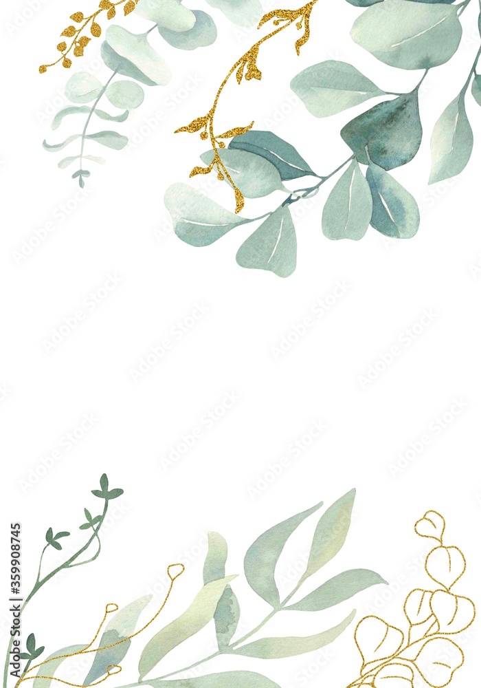 Watercolor hand painted frame with green and gold leaves.Watercolor ...