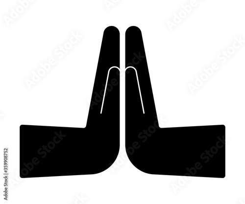 Hands namaste black sign. Indian religion traditional symbol. Gesture welcome, greeting, please, thank. Namaste exercise, meditation. Vector on white background
