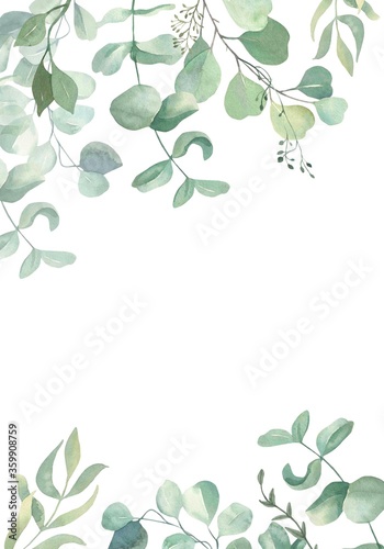 Watercolor hand painted frame with green and gold leaves.Watercolor floral illustration with branches -  for wedding invite, stationary, greetings, wallpapers, background.