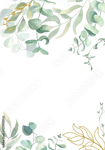 Watercolor hand painted frame with green and gold leaves.Watercolor floral illustration with branches - for wedding invite, stationary, greetings, wallpapers, background.