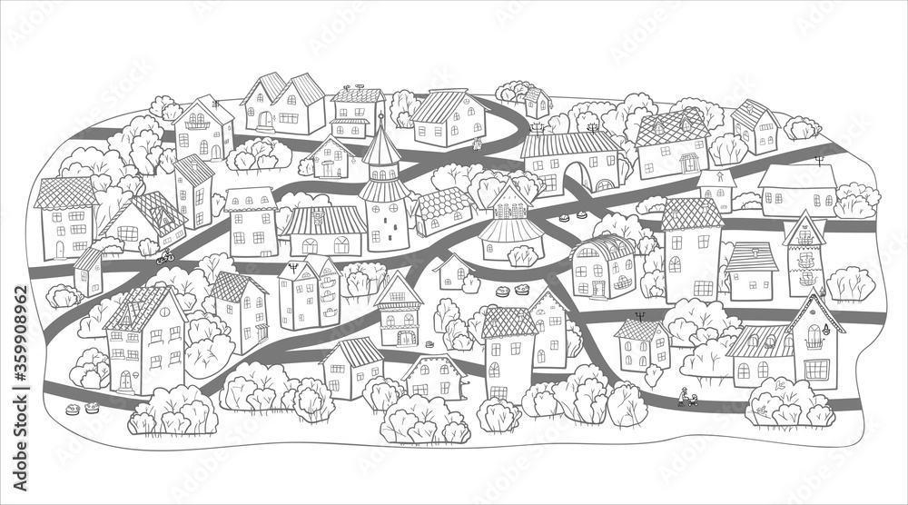 Cute cartoon town. Handdraw illustration small houses, streets and trees.