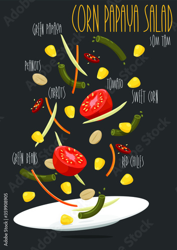 Corn papaya salad. Som Tam. Vector illustration