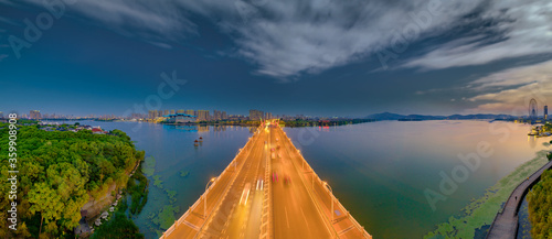 Dusk scenery of Li Lake bridge, Wuxi City, Jiangsu Province, China