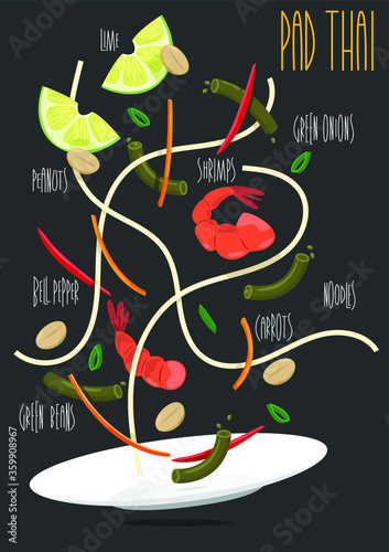 Pad thai. Thai food. Vector illustration