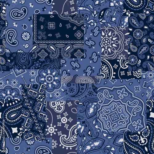 Blue bandanna kerchief fabric patchwork vector seamless pattern