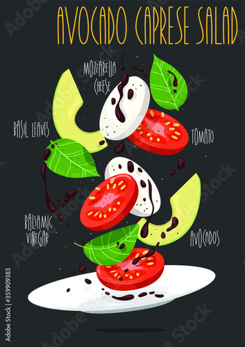 Italian avocado caprese salad. Vector illustration