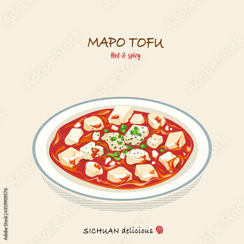 Hand drawn Mapo tofu illustration, the most popular Chinese spicy dish from Sichuan. clear and High contrast color of spicy food illustration. isolated Mapo tofu delicious on a plate.