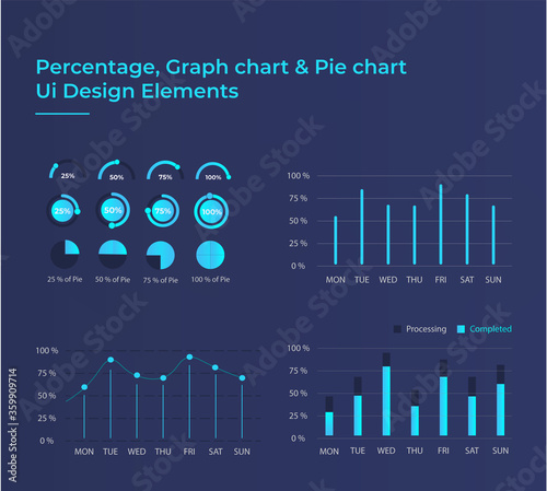 Set of modern bar graph ui element. Set of circle percentage diagrams of 25%, 50%, 75% 100% for web design, user interface in infographic style in trendy blue color. Pie chart vector.