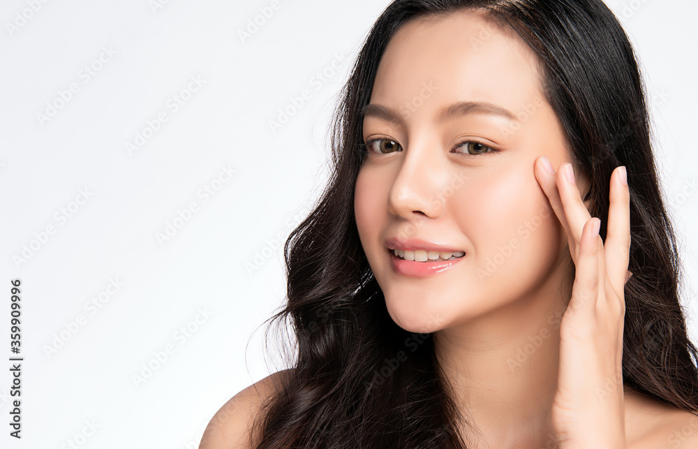 Beautiful Young asian Woman touching her clean face with fresh Healthy Skin, isolated on white background, Beauty Cosmetics and Facial treatment Concept Beautiful Young asian Woman touching her clean face with fresh Healthy Skin, isolated on white background, Beauty Cosmetics and Facial treatment Concept