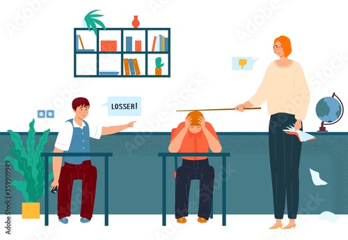 Bullying looser in school, sad boy teenager in stress of humiliation from schoolmate and teacher vector illustration. Bullying children, agression, victim of ridicule, harassment and abuse. photo