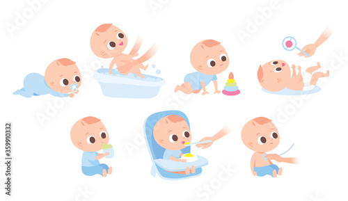 Cute newborn baby toddler. Care about infant baby. Set of baby characters. Baby sitting, crawling, eating. Toddler crawling on the floor. Child day routine.