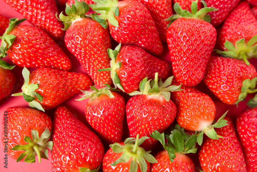 Ripe juicy orgaic strawberries on a red background.