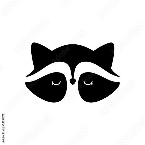 Raccoon cute face. black silhouette. Cartoon Animal Muzzle. head icon. coon faces on white background. logo. vector illustration.