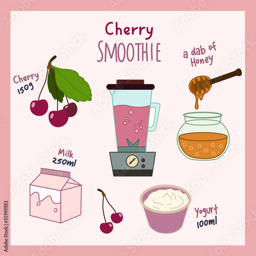 Recipe. Cherry Smoothie. Honey. Cherry. Yogurt. Milk. Blender Simple vector illustration isolated on white background.