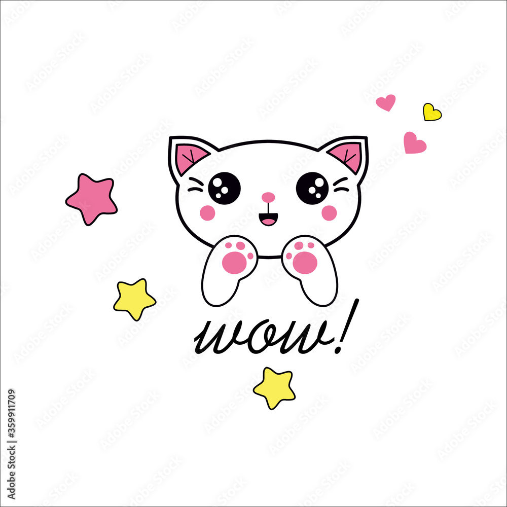 Cute white cat and text wow! kawaii positive emotions. Children's print for clothing, illustration, greeting card vector illustration. head icon. japanese anime emoji. Cute white cat and text wow! kawaii positive emotions. Children's print for clothing, illustration, greeting card vector illustration. head icon. japanese anime emoji.