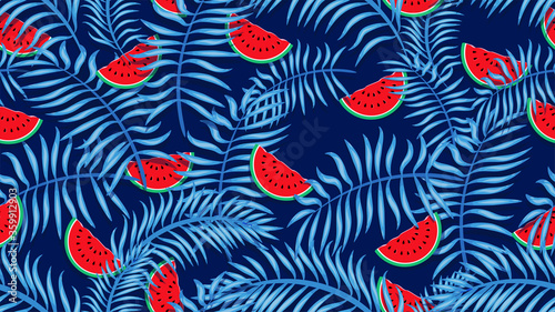Watermelons and tropical palm leaves seamless pattern. Watermelons and tropical palm on blue background