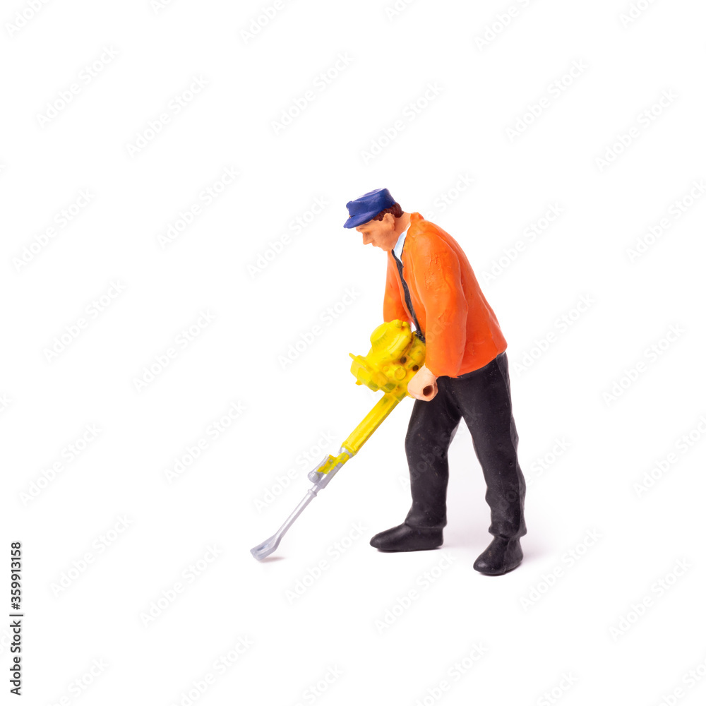 Miniature Builder worker with pneumatic hammer drill Miniature Builder worker with pneumatic hammer drill