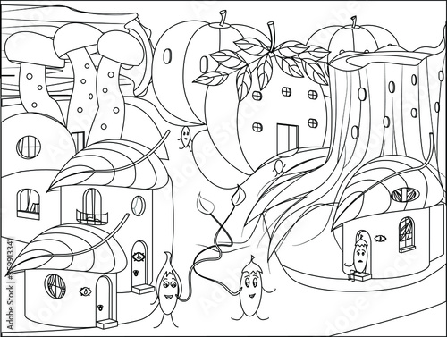 Cartoon vegetable city, fabulous vegetable houses and residents seeds. Can be used as a coloring, illustration for a children's book.