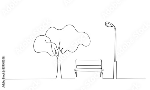 Bench in park near tree and lantern. One line drawing