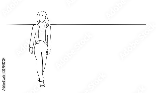 Continuous one line drawing. Walking office woman