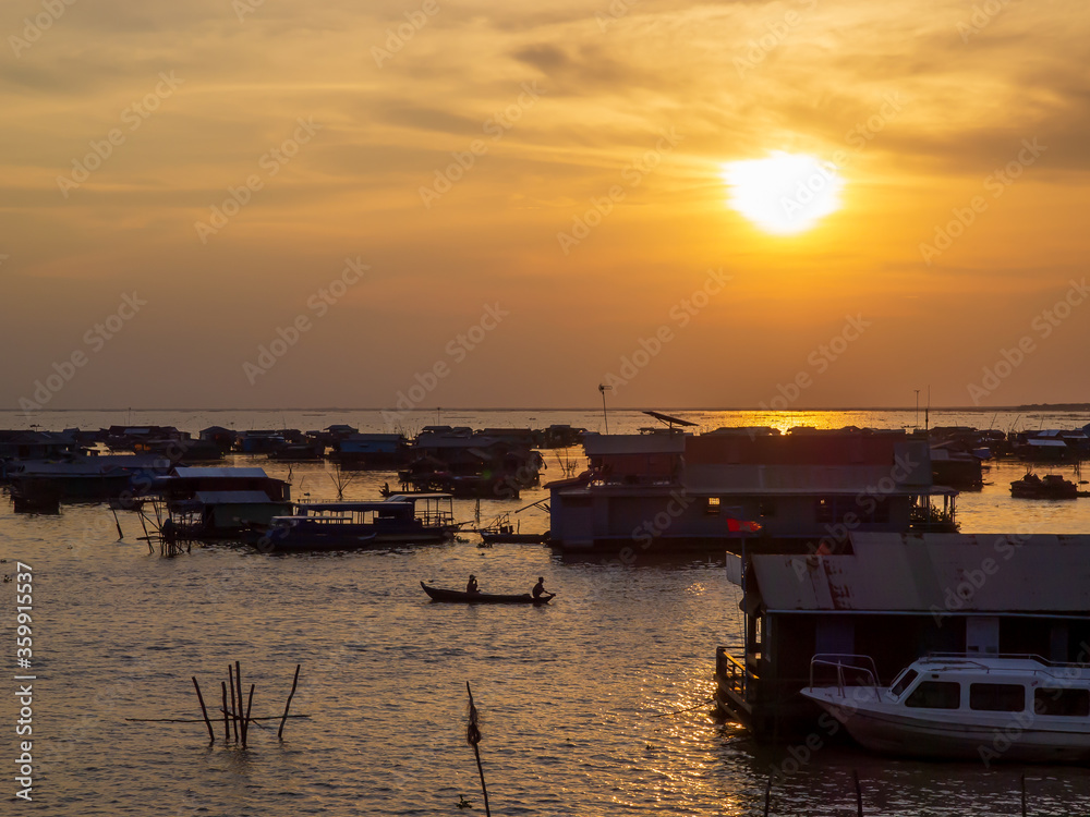 Beautiful Sunset over Water Life on Cambodian River