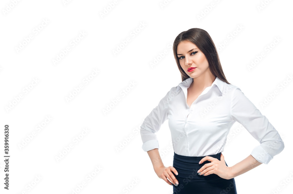 one slim brunette girl with long hair in a white shirt and black skirt isolated on a white background. Office employee. one slim brunette girl with long hair in a white shirt and black skirt isolated on a white background. Office employee.