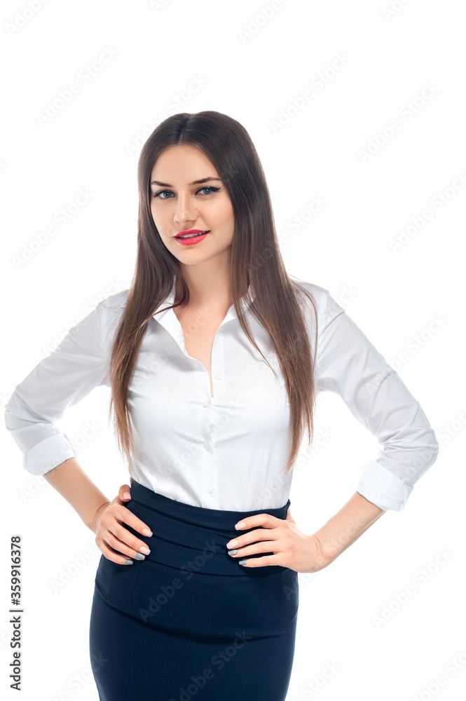 one slim brunette girl with long hair in a white shirt and black skirt isolated on a white background. Office employee. one slim brunette girl with long hair in a white shirt and black skirt isolated on a white background. Office employee.