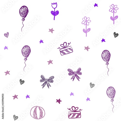 Light Purple vector seamless texture in birthday style. Shining illustration with aheart, baloon, candy, gift, star, ribbon. Design for colorful commercials. photo